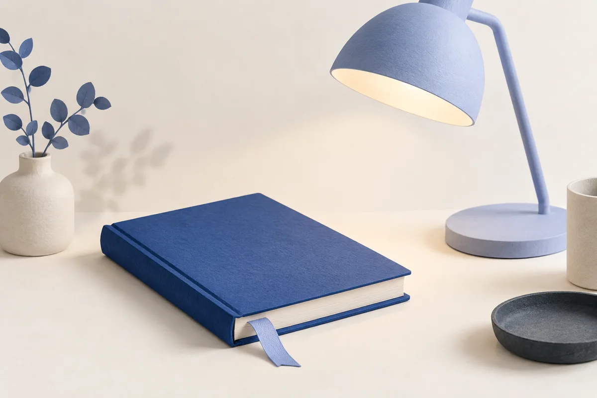 Closed notebook beside a shaded reading lamp.